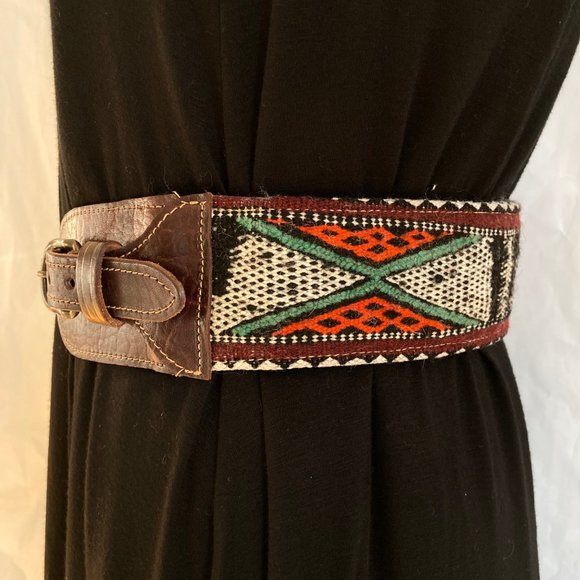 Anthropologie Double Buckle Western Cinch Belt Sz M Brown Leather, Woven Fabric main image 8